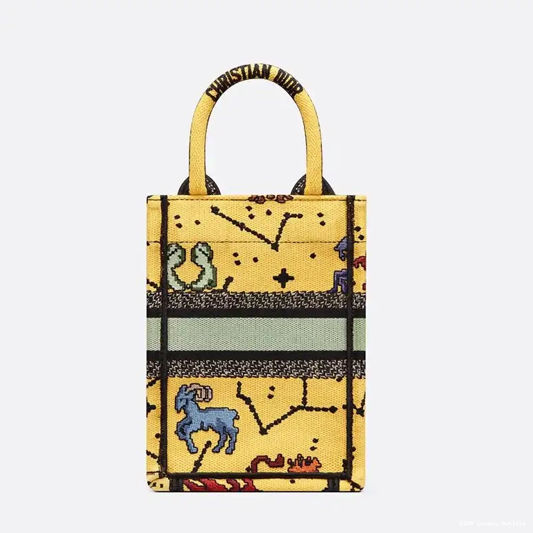 Cheap Yellow Canvas Book Zodiac Motif Pixel Dior Miniature Tote 0416 Luxury